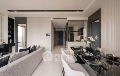 Luxurious modern living room with elegant dining area and open kitchen design