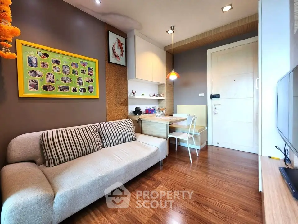 Modern living room with stylish decor and cozy seating area