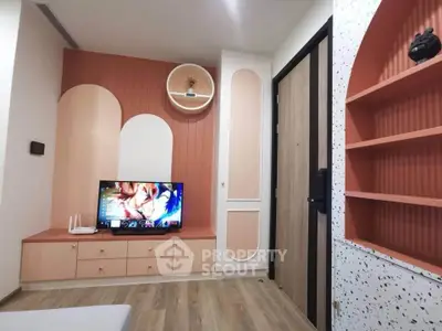 Stylish modern living room with unique wall design and built-in TV unit