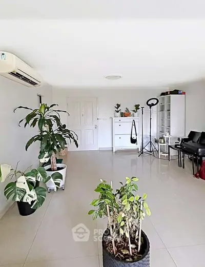 Spacious living room with modern decor and indoor plants, perfect for relaxation and entertainment.