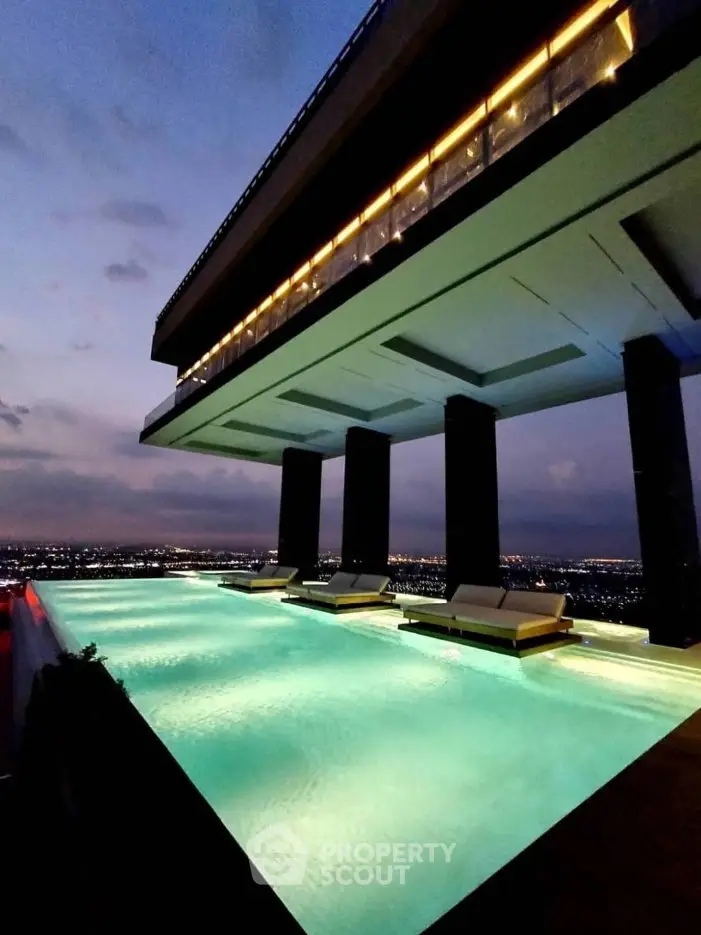 Luxurious rooftop infinity pool with stunning city skyline view at dusk.