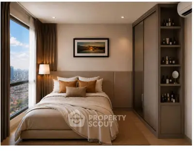 Luxurious bedroom with city view, elegant decor, and ample natural light.