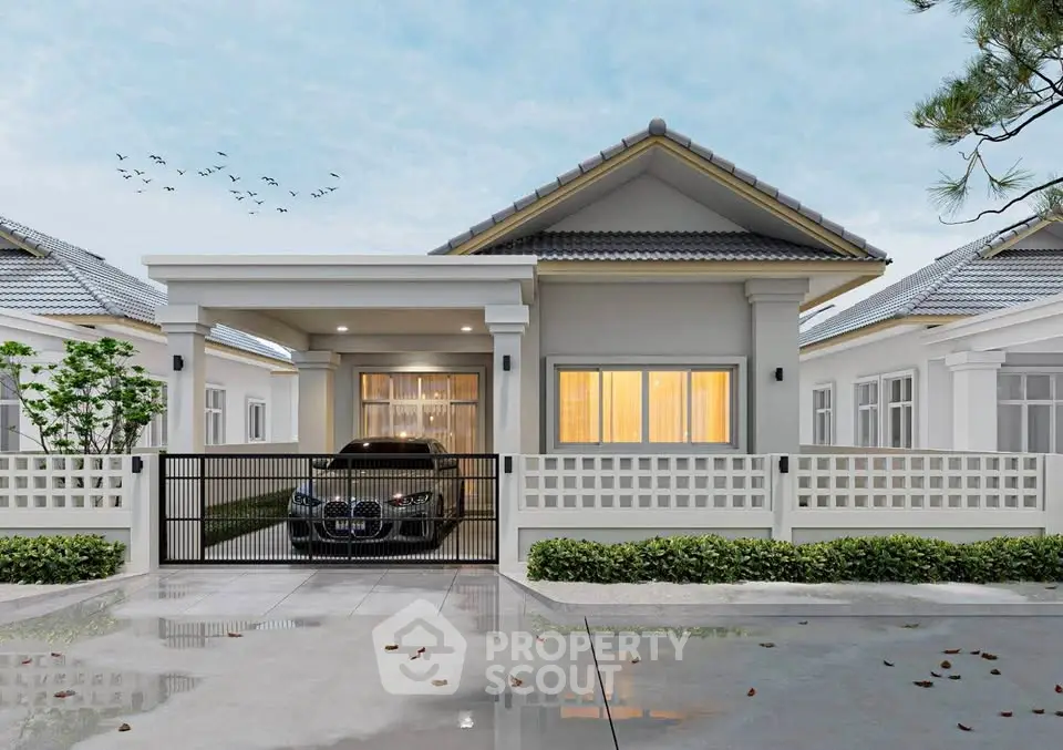 Charming modern house with sleek design, spacious driveway, and elegant exterior lighting, perfect for family living.