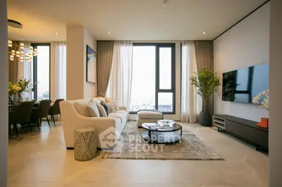 Luxurious modern living room with elegant decor and stunning city view