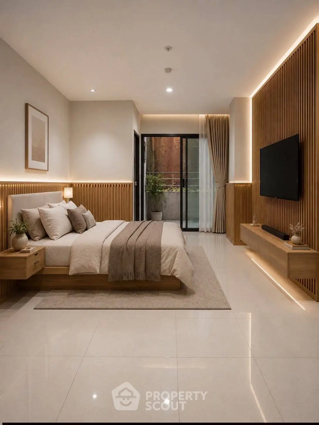 Luxurious modern bedroom with elegant decor and ambient lighting