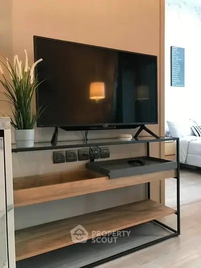 Modern living room with sleek TV stand and stylish decor