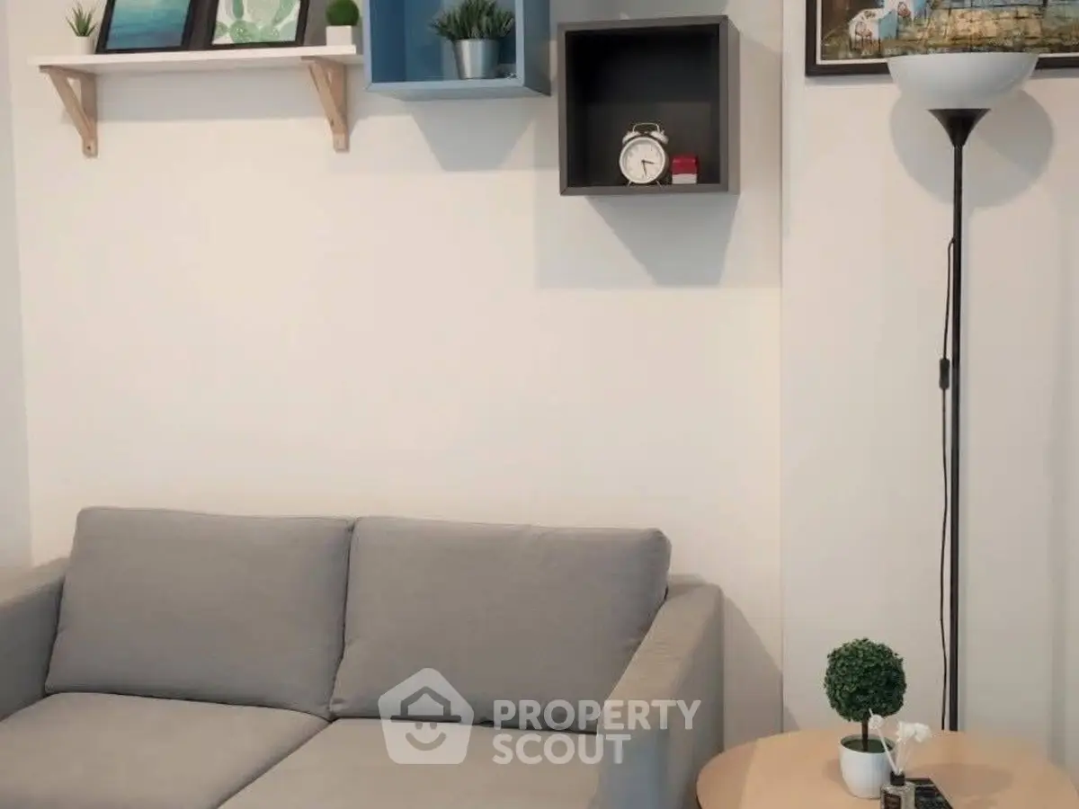 Cozy living room with modern decor and stylish shelving