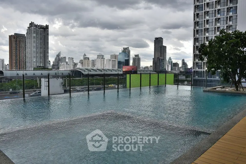 Luxurious rooftop pool with stunning city skyline view in modern urban setting.