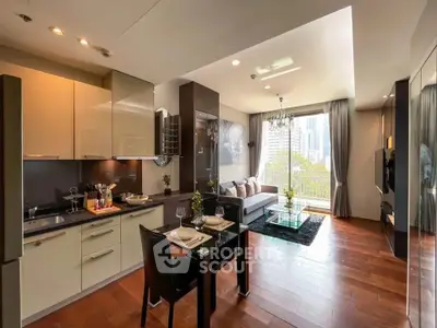 Modern open-layout kitchen and living room with city view, elegant decor, and hardwood floors.