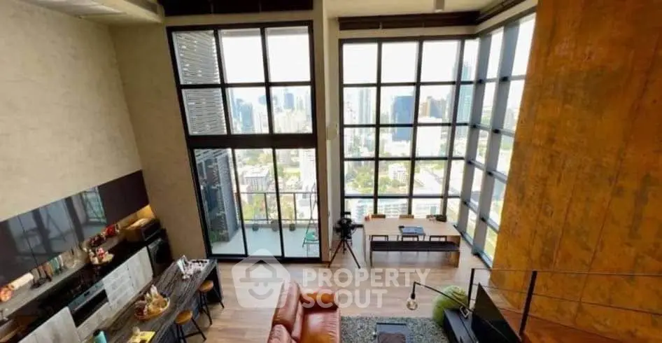 Stunning loft with floor-to-ceiling windows and city view, featuring modern open layout and stylish decor.