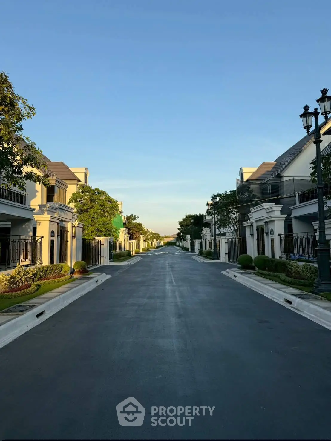Charming suburban street with elegant houses and lush greenery under a clear blue sky.