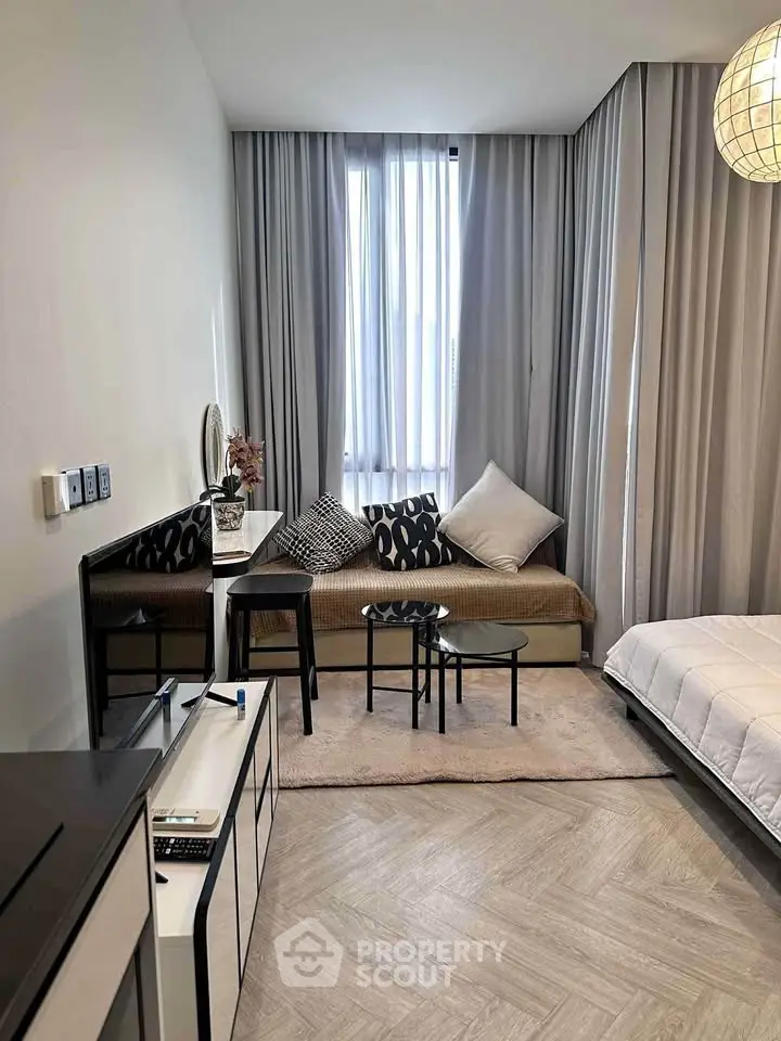 Modern living room with stylish decor and cozy seating area