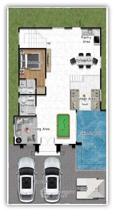 Luxurious floor plan with pool, sunken area, and car park, showcasing modern living spaces and amenities.