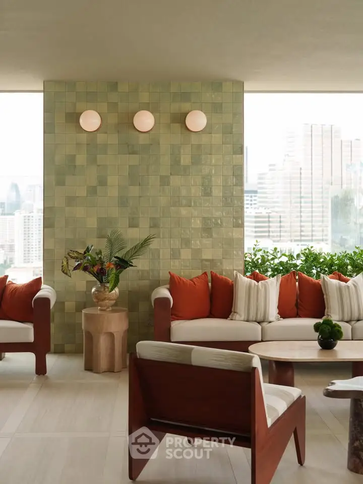 Luxurious living room with modern furniture and city view, featuring stylish decor and natural light.