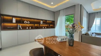 Modern living room with elegant built-in shelves and stylish decor