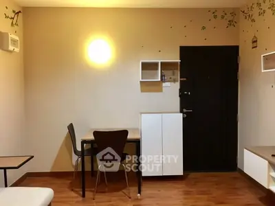 Cozy modern living room with minimalist furniture and warm lighting