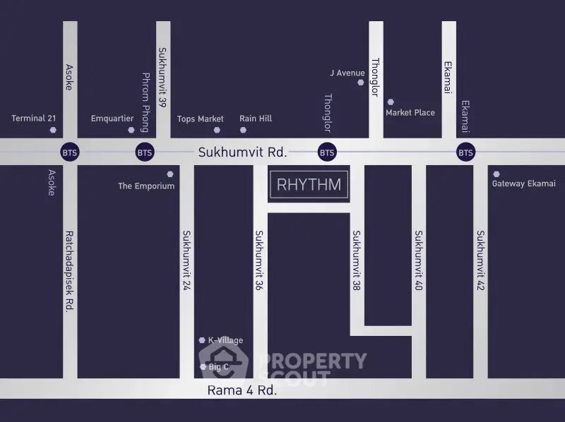 Map showing location of Rhythm condominium near Sukhumvit Road with nearby landmarks and BTS stations.