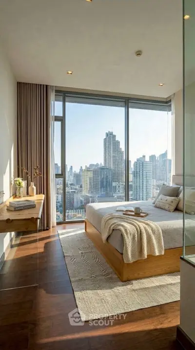 Luxurious bedroom with stunning city view and modern decor