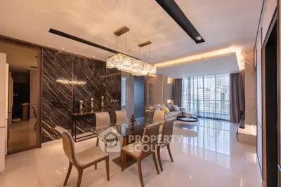 Luxurious modern living room with elegant dining area and city view