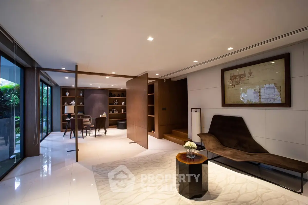 Luxurious modern living room with elegant decor and garden view