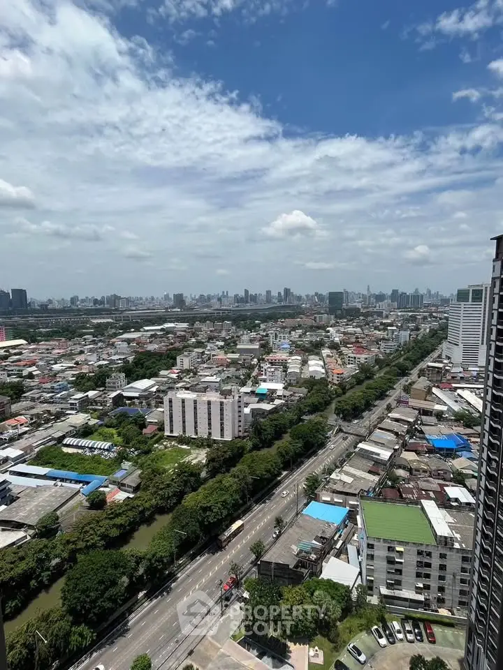 Stunning cityscape view from high-rise building with clear blue sky.