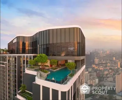 Luxurious high-rise condominium with rooftop pool and panoramic city views, featuring modern architecture and lush greenery.