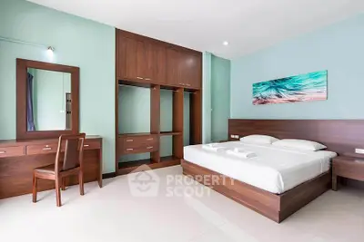 Spacious modern bedroom with wooden furniture and elegant decor