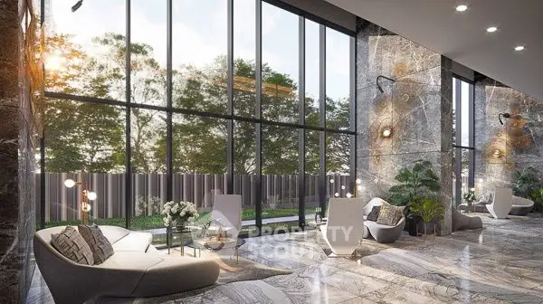 Luxurious modern living room with floor-to-ceiling windows and elegant marble flooring.