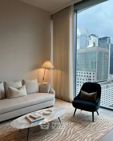 Luxurious living room with stunning city view and elegant furnishings.