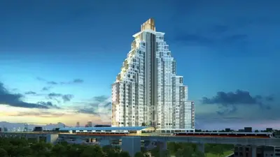 Stunning modern high-rise building with unique architecture and panoramic city views.