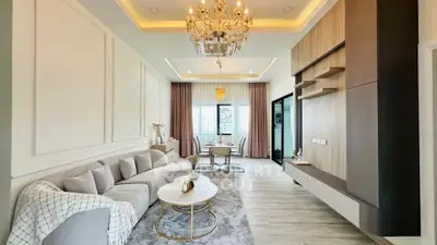 Elegant living room with chandelier and modern decor