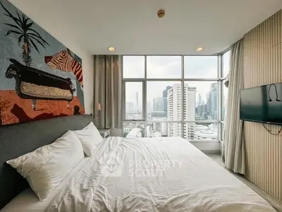 Modern bedroom with city view, large windows, and stylish decor in urban apartment.