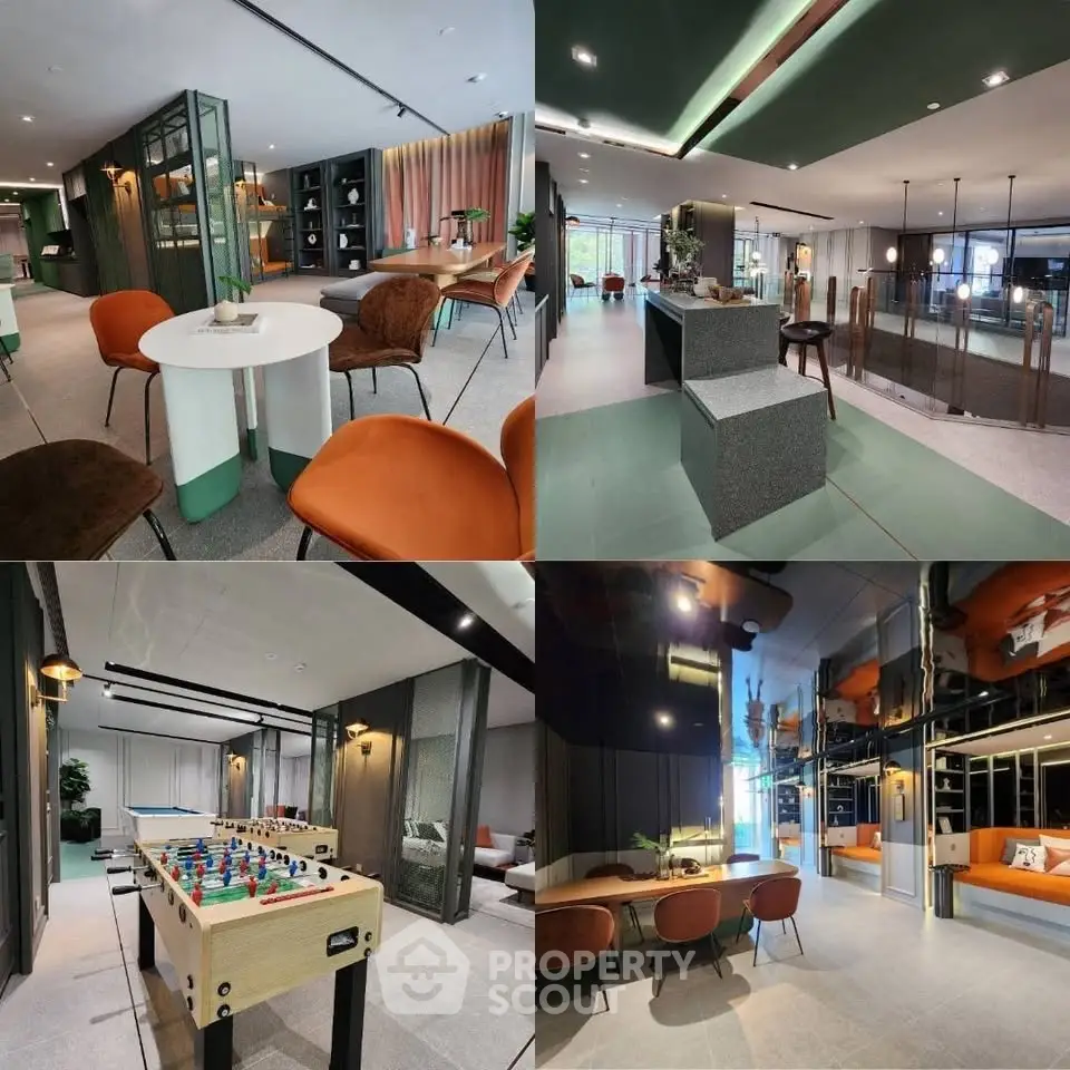Modern communal living space with stylish decor and recreational area, perfect for social gatherings.
