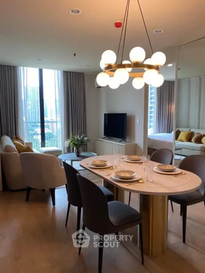 Luxurious modern living room with elegant dining area and city view, perfect for urban living.