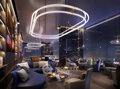 Luxurious modern living room with stunning city view and elegant lighting