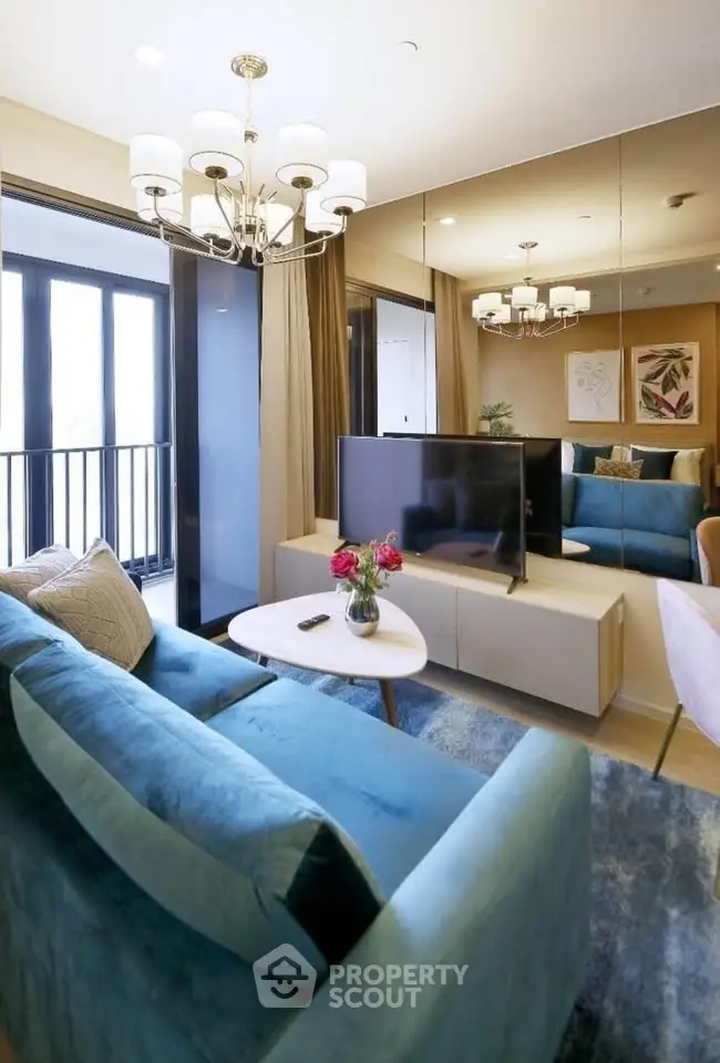 Stylish living room with modern decor, blue sofa, and large mirror enhancing space.