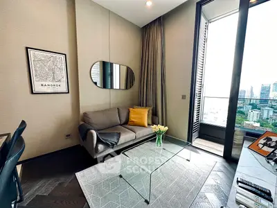 Stylish living room with city view and modern decor in Bangkok apartment