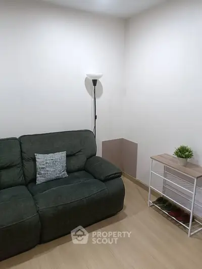 Cozy living room with green sofa and modern decor