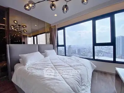 Luxurious bedroom with panoramic city view and modern lighting