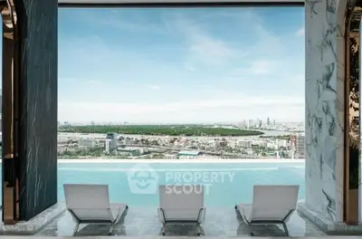 Luxurious rooftop infinity pool with stunning city skyline view, perfect for relaxation and leisure.