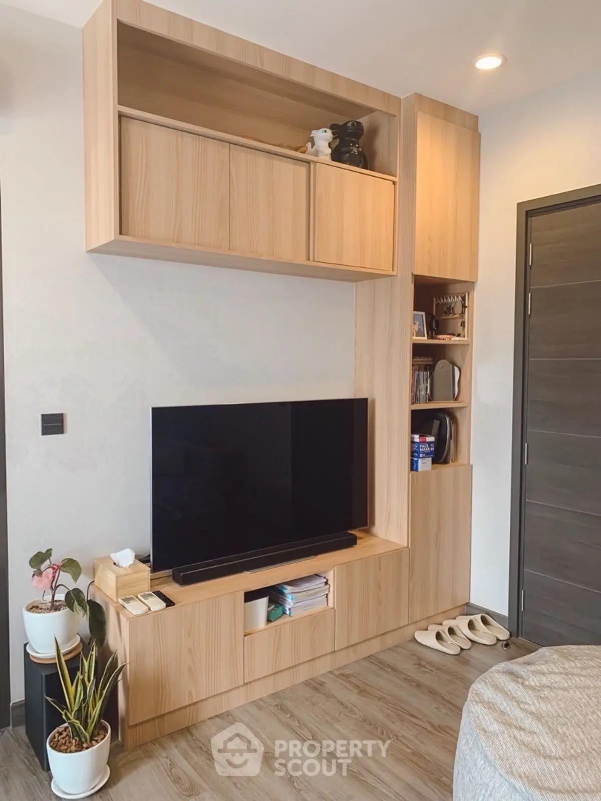 Modern living room with sleek wooden TV unit and stylish decor