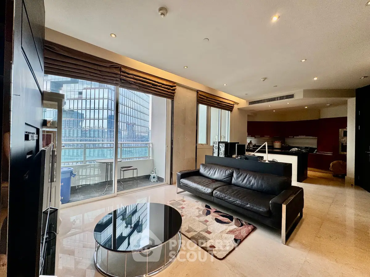 Luxurious modern living room with city view and open kitchen layout