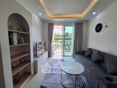 Modern living room with stylish decor and balcony view