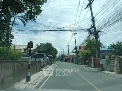 Charming suburban street view with lush greenery and residential homes.