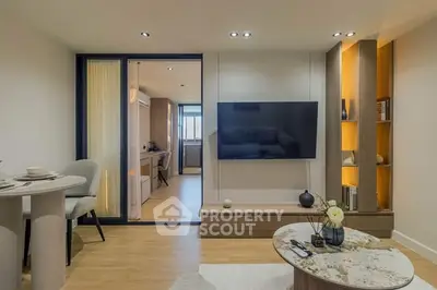 Modern living room with sleek TV setup and stylish decor