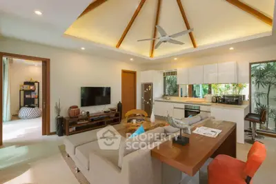 Spacious open-plan living room with modern kitchen and high ceiling
