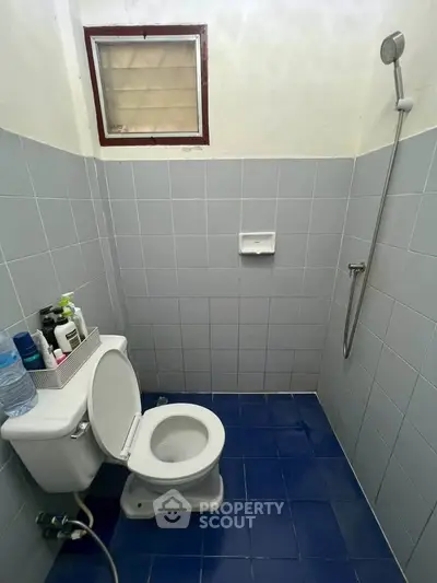Compact bathroom with blue tiled floor and shower, featuring a toilet and small window.