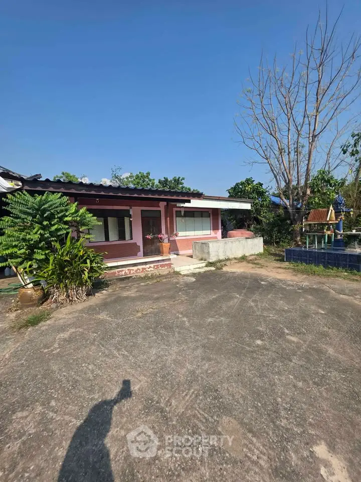 Charming single-story home with spacious driveway and lush greenery, perfect for serene living.