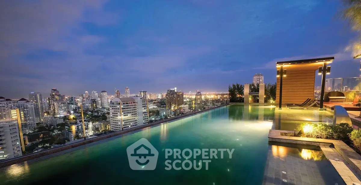 Luxurious rooftop pool with stunning city skyline view at dusk, perfect for urban living.