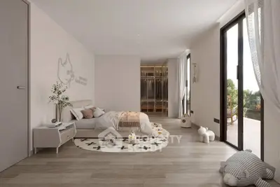 Spacious modern bedroom with large windows and stylish decor